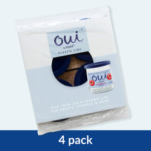 Packaging for blue Oui by Yoplait plastic lids, 4-Pack.
