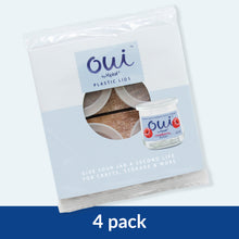 Packaging for clear Oui by Yoplait plastic lids, 4-Pack.
